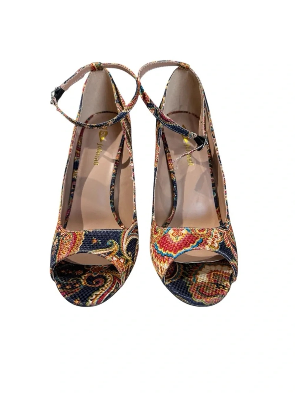 Jolimall Paisley Blue Yellow Orange Pink Ankle-Strap Peep-Toe Heels Size 9 - Picture 3 of 11